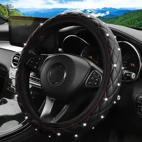 Vista 8 de Funda de cuero brillante para volante, 15 pulgadas, antideslizante, elástico, protector de volante con diamante brillante para mujeres y niñas