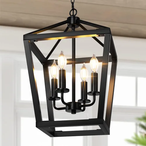 Vista 9 de Lámpara de araña estilo granja para cocina y comedor, lámpara colgante rústica de 4 luces para techo con altura ajustable en acabado de madera