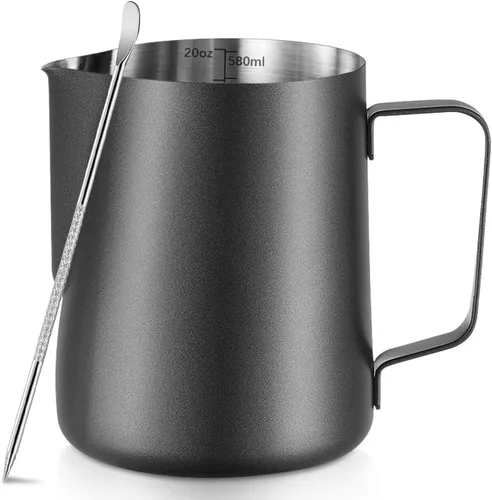 Vista 12 de Jarra de leche espumosa, jarra de leche espumosa de acero inoxidable de 12 onzas / 11.8 fl oz con bolígrafo Latte Art, con medidas internas