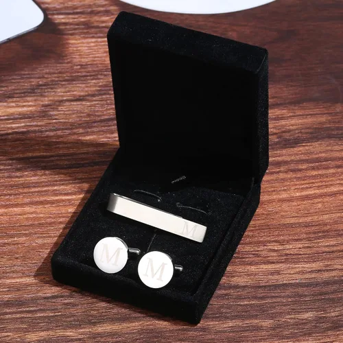 Vista 74 de LOYALLOOK - Gemelos de acero inoxidable grabados con inicial y clip de corbata, diseño de letras del alfabeto con caja de regalo, A-Z