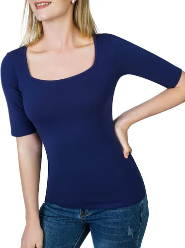 Vista 6 de Artivaly Camiseta ajustada de media manga con cuello cuadrado para mujer