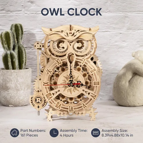 Vista 2 de ROKR Rompecabezas de madera 3D para adultos, kits de reloj mecánico, reloj de búho, kits de construcción de modelos de bricolaje, rompecabezas