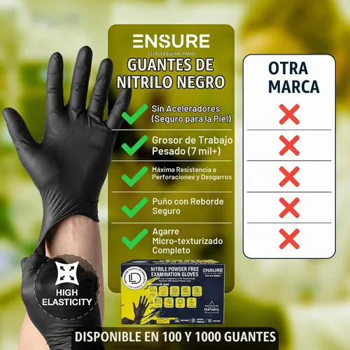 Vista 6 de Guantes de Nitrilo Negros Ensure Baja Dermatitis 7 Mil, Resistente, Resistentes a Perforaciones y Químicos, Desechables, Sin Látex, para Automotriz