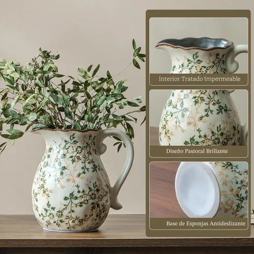 Vista 8 de Jarrón de cerámica verde y blanco con asa, florero rústico para decoración de hogar estilo “chinoiserie”, “grandmillenial” y toscano, jarrón