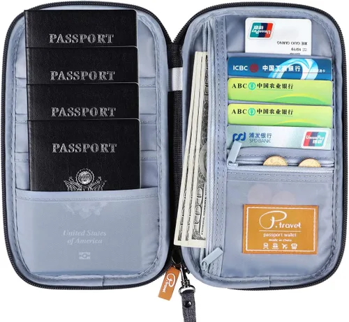 Vista 19 de VanFn Cartera RFID para pasaporte de viaje, soporte para pasaporte familiar, organizador de documentos de viaje serie P.Travel (nailon, gris)