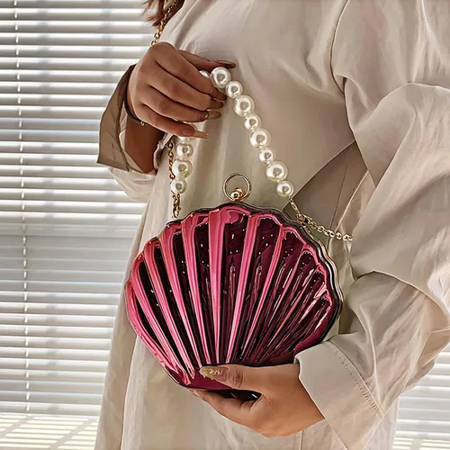 Vista 3 de Bolso de noche de concha de mar para mujer, bolso de hombro con correa de cadena de sirena, bolso de mano