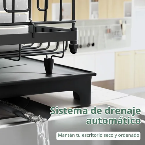 Vista 5 de Escurridor de platos, escurridor con bandeja de goteo automática, escurridor de platos para encimera de cocina, escurridor de platos antioxidante