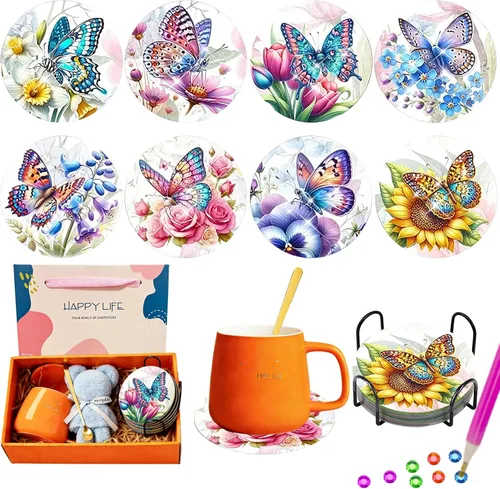 Vista 17 de TDOOW Posavasos de arte de diamante, 8 piezas de posavasos de pintura de diamante, kit de arte de diamantes de abeja para adultos, regalo