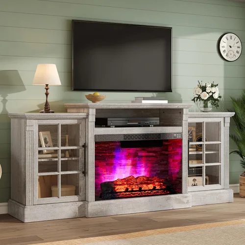 Vista 12 de AMERLIFE Soporte de TV con chimenea de 70 pulgadas para televisores de hasta 80 pulgadas, consola multimedia con armarios de almacenamiento