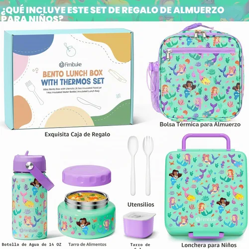 Vista 3 de Fimibuke Caja Bento para niños y adultos – Juego de lonchera Bento de 3 a 4 compartimentos a prueba de fugas con tarro de comida aislado, botella