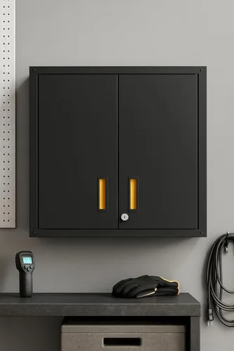 Vista 3 de para el hogar, gabinete de pared de acero listo para armar con dos puertas (negro)