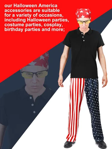 Vista 5 de Suhine 4 piezas de disfraz de Halloween para hombre, incluye camiseta negra, pantalones de bandera estadounidense, bandana, lentes amarillos