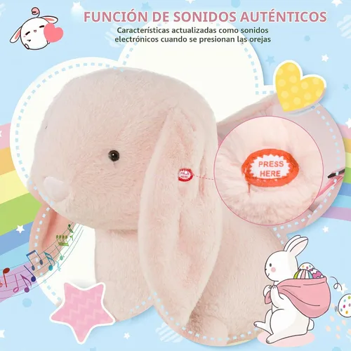 Vista 6 de Qaba Caballo mecedor para bebé, conejo de peluche con sonido simulado, base de madera, cinturón de seguridad, mecedora de relleno para niños de 18 a