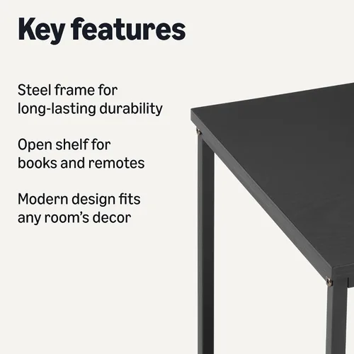Vista 4 de Amazon Basics - Mesa auxiliar con estante inferior, mesa lateral para sala de estar, marco de acero, madera negra