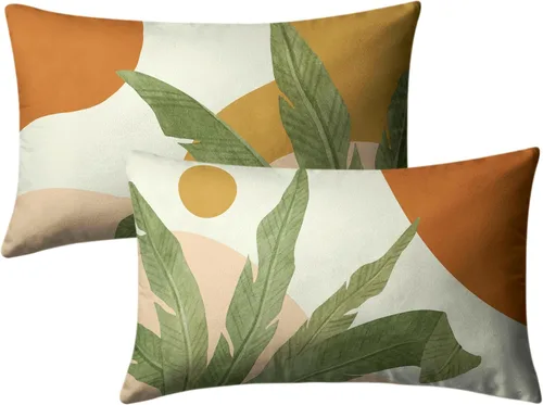 Vista 86 de Juego de 2 fundas de almohada abstractas bohemias de 16 x 16 pulgadas, modernas fundas de almohada de mediados de siglo, diseño de hojas verdes