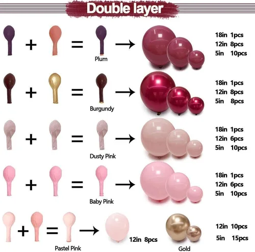 Vista 3 de Guirnalda de globos rosa burdeos doble relleno pastel rosa claro globo dorado Kit de arco de globos de látex color ciruela malva, granate