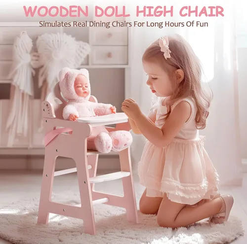 Vista 6 de ROBUD Silla alta de muñeca de bebé, silla alta de juego de simulación con cinturón de seguridad, accesorios de muñeca de madera rosa con mesa móvil