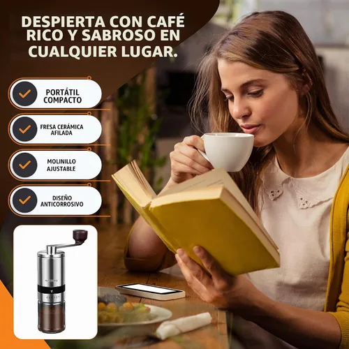 Vista 6 de Molinillo de café manual con 6 ajustes de grosor ajustables, molinillo de café con manivela de mano con rebabas de cerámica para granos de expreso