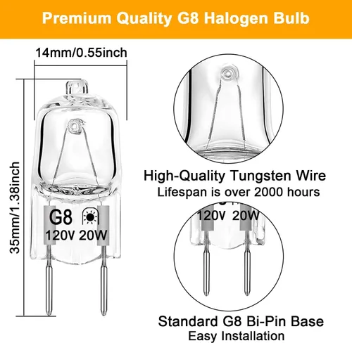 Vista 2 de Bombilla halógena G8 de 20 W, 120 V, T4, tipo JCD, base G8, bombillas de xenón bi-pines, regulables con larga vida útil, bombillas halógenas G8
