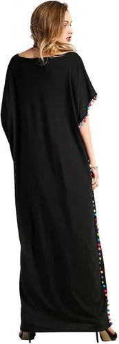 Vista 2 de Floerns Maxivestido caftán holgado con cuello redondo y ribete de pompón para mujer