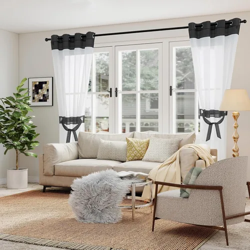 Vista 2 de L.Z.E - Cortinas transparentes blancas y negras de 63 pulgadas de largo, 2 paneles para sala de estar, cortinas elegantes y modernas transparentes