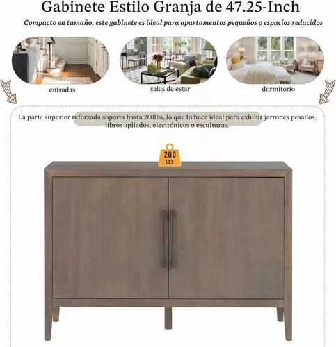 Vista 6 de Merax Aparador de buffet de madera rústica moderna con estante de almacenamiento, 2 puertas, cafetería, bar, soporte de TV para dormitorio, sala