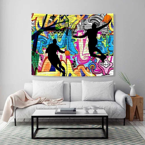 Vista 3 de Ine Ive Tapiz deportivo de baloncesto con graffiti nostálgico, póster de pared de arte callejero de 40 x 30 pulgadas para niños, silueta de tiro