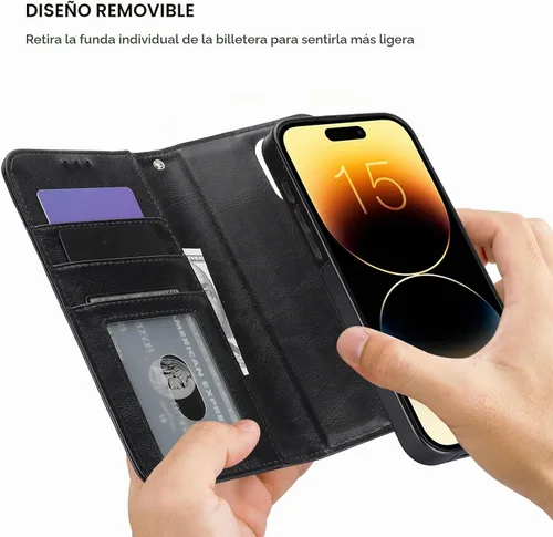 Vista 3 de Funda tipo cartera desmontable Bocasal para iPhone 15 Pro Max con bloqueo RFID, ranuras para tarjetas, soporte magnético, cuero PU premium, atril