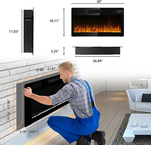 Vista 5 de BOSSIN Chimenea lineal ultrafina y silenciosa de 30 pulgadas, chimenea eléctrica empotrada y chimenea montada en la pared y en la pared