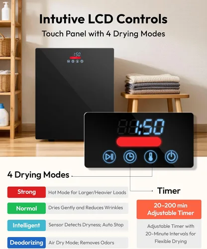Vista 2 de EUHOMY Secadora portátil de 1.5 pies cúbicos con 4 programas de secado, capacidad de ropa de 5.5 libras, acabado de espejo y panel LCD, secadora