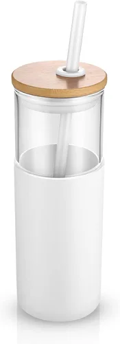 Vista 48 de Tronco Vaso de vidrio de 28 onzas con tapas y pajilla, taza reutilizable para café helado y vaso para batidos con tapa de bambú, funda de silicona