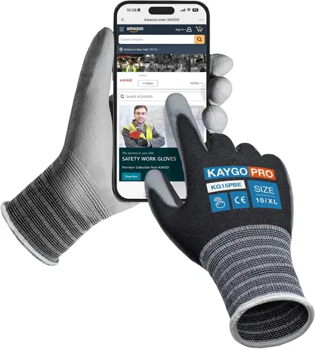 Vista 11 de KAYGO Guantes de trabajo con revestimiento de poliuretano 12 pares, KG15P, forro de nailon con revestimiento de poliuretano flexible, guantes