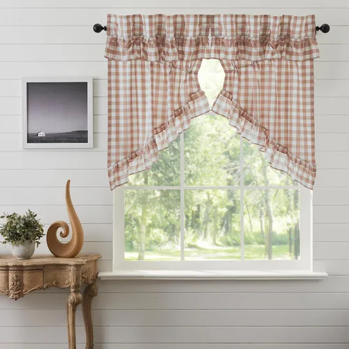Vista 10 de VHC Brands Annie Buffalo - Cortinas de cocina de algodón a cuadros con bolsillo para barra, cordón de amarre con volantes, par de botes de pradera