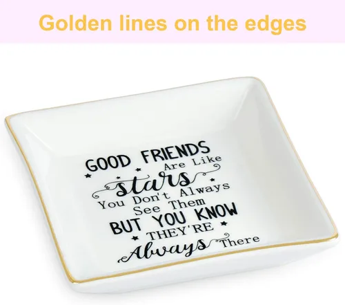 Vista 4 de NatuBeau Regalos para amigas para mujeres, plato de cerámica para anillos con texto en inglés "Good Friends are Like Stars", bandeja de joyería