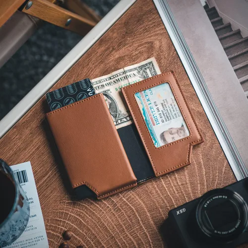 Vista 6 de VULKIT Cartera minimalista para hombre, con bloqueo RFID, cierre magnético, cartera de cuero con ventana de identificación, para dinero en efectivo
