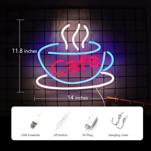 Vista 3 de Letrero de neón para cafetería, bar, decoración de arte de pared azul para sala de estar, luz LED de café, fuente de alimentación USB con cadena