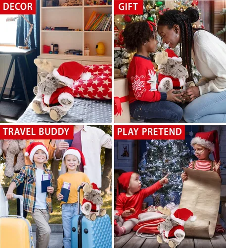 Vista 4 de DolliBu Peluche de alce de Papá Noel, disfraz de animal salvaje súper suave con traje de Papá Noel rojo, lindo regalo de vida silvestre, vacaciones