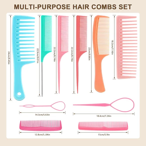 Vista 5 de Peines de pelo para mujer, peines de pelo de dientes anchos y cola de rata, herramienta para el cabello, 10 peines para el cabello, herramienta