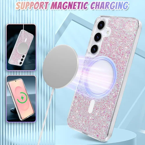 Vista 156 de Bonoma - Funda compatible con Samsung Galaxy S21 Plus, diseño de corazón con purpurina, color rosa Support for MagSafe, Plating Magnetic Case TPU