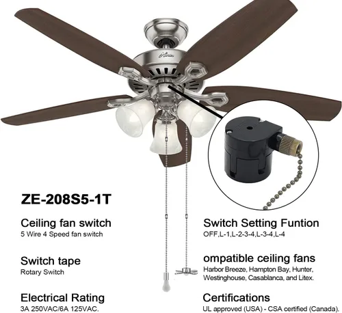 Vista 2 de Zing Ear ZE-208S5-1T 5 cables 4 velocidades ventilador de techo interruptor giratorio ventilador de techo lámpara lámpara interruptor de repuesto
