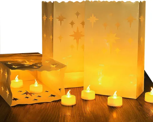 Vista 10 de AceList 30 bolsas luminarias con 30 velas sin llama, velas de té para bodas, cumpleaños, fiestas, decoraciones de Navidad (girasol)
