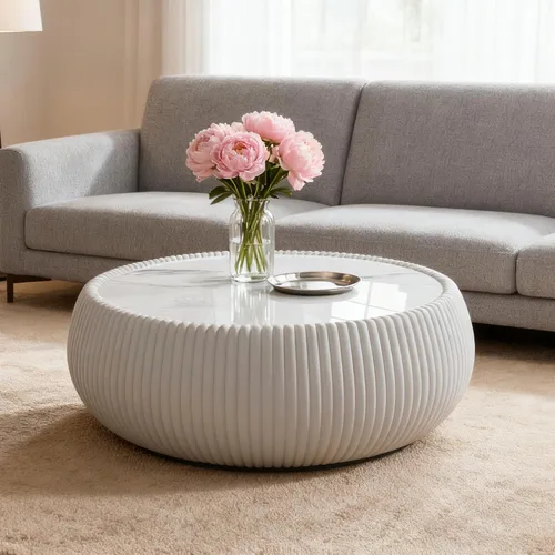 Vista 17 de Mesa auxiliar redonda moderna, mesa auxiliar de sofá de mármol sintético con base cubierta de cuero sintético en forma de cuenco, mesa auxiliar En
