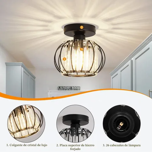 Vista 3 de YYJLX Paquete de 2 Lámparas de Techo Semiempotradas Modernas Pequeña Lámpara de Araña de Cristal Mini Lámpara de Techo Interior para Baño Pasillo