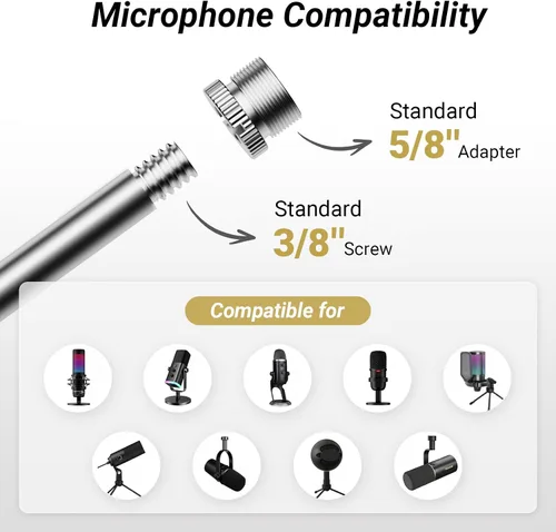 Vista 2 de TONOR Brazo de brazo de micrófono, brazo de micrófono ajustable con filtro pop extra grande, adaptador de tornillo de 3/8 pulgadas y 5/8 pulgadas