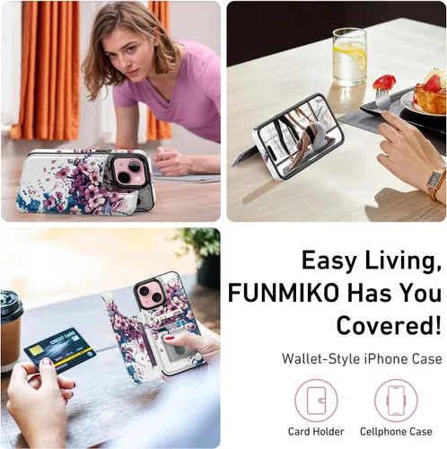 Vista 6 de FUNMIKO Funda tipo cartera para iPhone 15 con tarjetero + clip para efectivo, bloqueo RFID, protección contra caídas de grado militar y obras