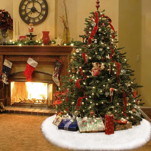 Vista 6 de Falda de árbol de Navidad de 30 pulgadas, falda de árbol de Navidad blanca de piel sintética, decoración de árbol de Navidad, tapete de felpa