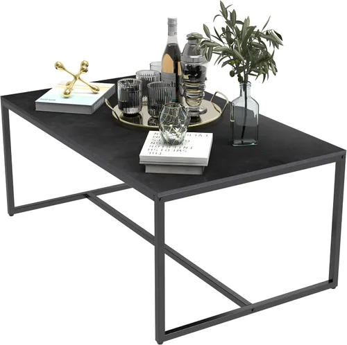 Vista 5 de Wisfor Mesa de centro de piedra sinterizada: mesa central de sofá negro con marco de metal negro - Mesa rectangular de decoración de muebles