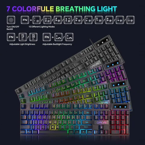 Vista 4 de Juego de teclado para juegos, mouse y mouse con micrófono, todo en uno, USB con cable RGB, retroiluminado, arco iris, botón lateral, compatible