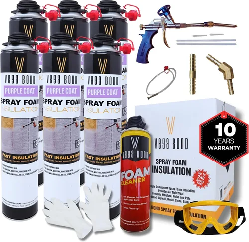 Vista 9 de Purplecoat Sistema de espuma de celda cerrada (1 paquete + limpiador) Self Expanding Insulation, R-5.66 Thermal Value, 29 Oz Cans, 20 Board Feet