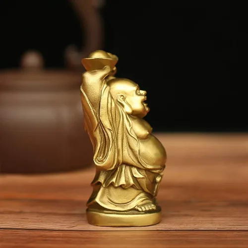 Vista 4 de BRASSTAR Adorno de latón Feng Shui Estatua de Buda riendo sosteniendo lingote bolsa de dinero para oficina en casa Figura decorativa Atrae riqueza